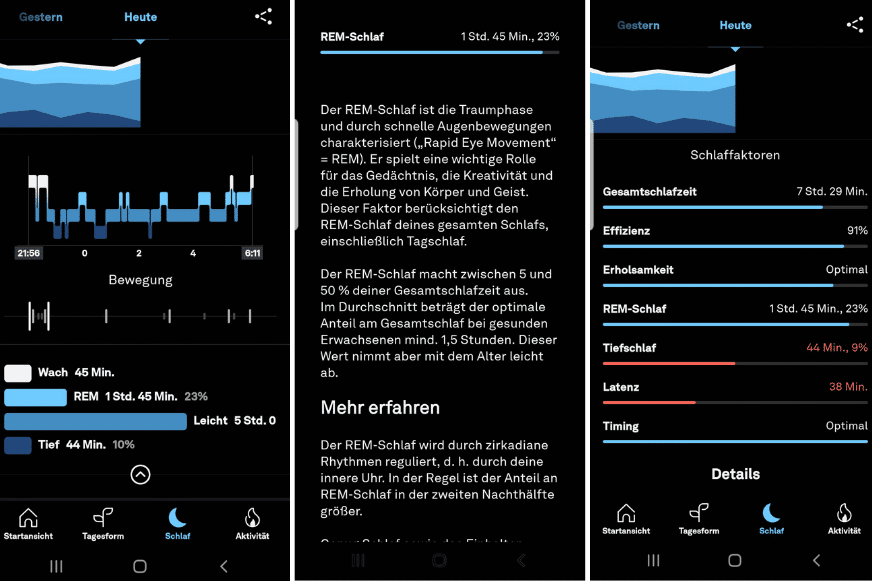 Daten zu der REM-Schlafphase werden in der App angezeigt 